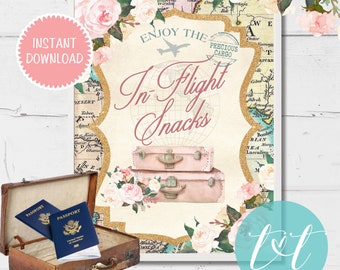 TRAVEL BABY SHOWER "In Flight Snacks" Table Sign 8"x10", Instant Download