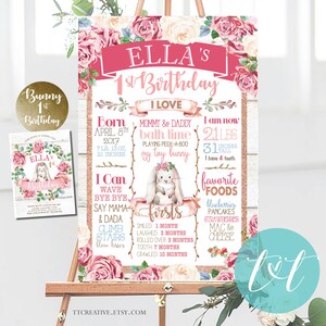 Bunny 1st Birthday About Me Chalkboard Sign, First Birthday Floral Bunny Poster Personalized DIGITAL FILE ONLY