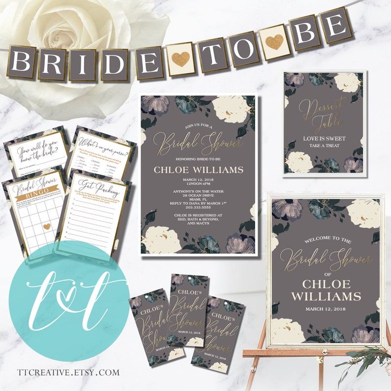 Gray Floral Bridal Shower Welcome Poster Bridal Shower Welcome Poster 24 x 36