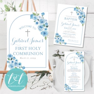 Boho ARCH Blue Floral First COMMUNION & BAPTISM Invitation 5x7 Digital File Religious Event Decor First Holy Communion Invite 5x7 image 4