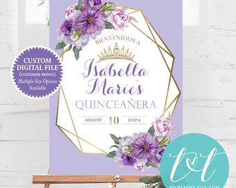 Elegant Purple Floral Silver or Gold Quinceañera WELCOME POSTER  | Lavender Quince 15th Birthday | Multiple Sizes | Custom Digital File Only