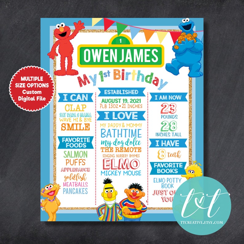 SESAME STREET 1st Year Birthday MILESTONE Poster, 1st 2nd 3rd 4th Birthday About Me Chalkboard Sign, Custom Digital FIle Elmo Birthday image 5