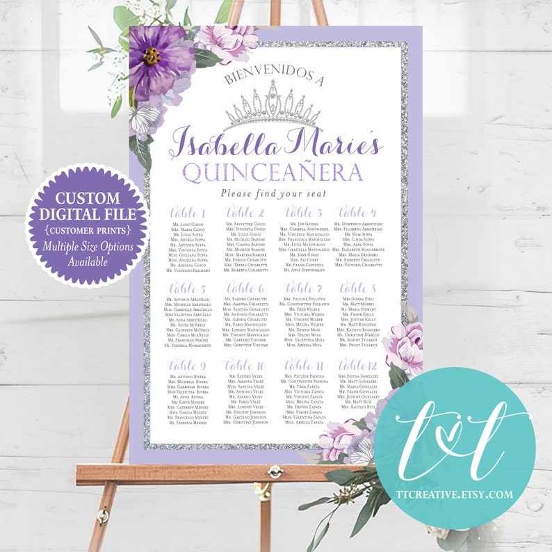 QUINCEANERA Party SEATING Chart Poster 24 x 36 Purple Lavender Quince 15th Birthday Seating Poster DIGITAL File Only image 2