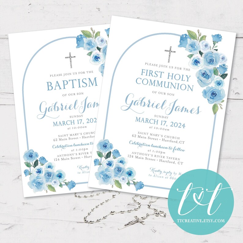 Boho ARCH Blue Floral First COMMUNION & BAPTISM Invitation 5x7 Digital File Religious Event Decor First Holy Communion Invite 5x7 image 1