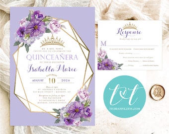 Elegant Purple Floral Silver or Gold Quinceañera INVITATION and RSVP Card | Lavender Quince 15th Birthday | DIGITAL Files Only