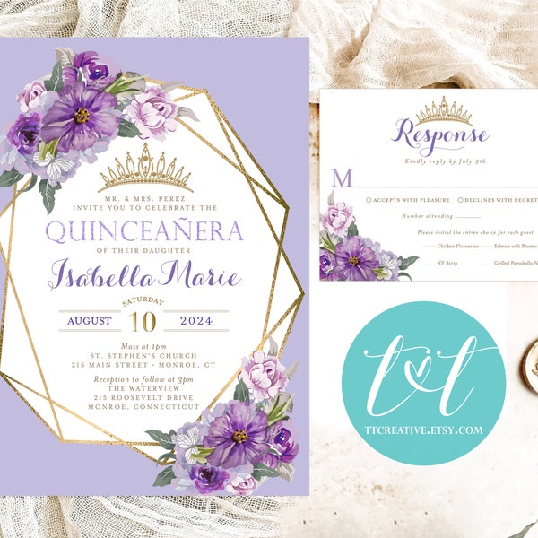 Elegant Purple Floral Silver or Gold Quinceañera INVITATION and RSVP Card | Lavender Quince 15th Birthday | DIGITAL Files Only