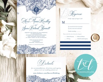 Nautical Milford Connecticut Beach Wedding Invitation Suite | Custom Digital Files Only | Invitation, RSVP Card, Details Card | New England