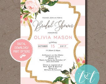 PINK FLORAL STRIPES Shower Invitation | Pink and Gold Bridal Shower Invite | Digital File Only
