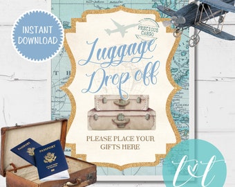 TRAVEL BABY SHOWER Luggage Drop Off Sign 8"x10", Travel baby shower Gift Table  sign Instant Download