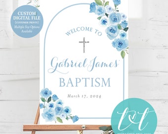 First Holy COMMUNION or BAPTISM WELCOME Poster Sign | Blue Boho Arch Floral Design| Custom Digital File  (Customer Prints )