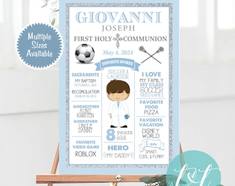 Holy Communion Custom Chalkboard Poster | Boy First Communion |  Personalized DIGITAL FILE ONLY | About me Posterboard Baby Blue