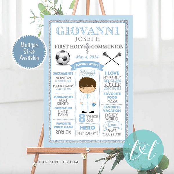 Holy Communion Custom Chalkboard Poster | Boy First Communion |  Personalized DIGITAL FILE ONLY | About me Posterboard Baby Blue