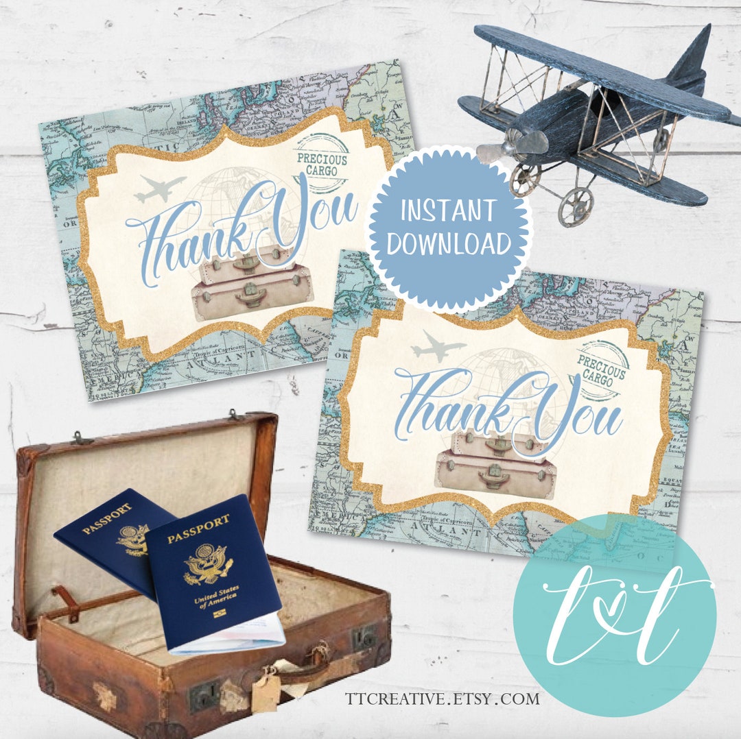 TRAVEL BABY SHOWER thank You Cards Baby Blue Travel Themed Thank You