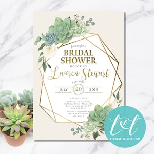 SUCCULENT Bridal Shower INVITATION, Elegant Greenery & Floral Gold Geometric Bridal Shower Invite 5"x7" | Digital File Only