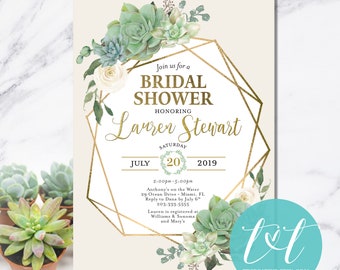 SUCCULENT Bridal Shower INVITATION, Elegant Greenery & Floral Gold Geometric Bridal Shower Invite 5"x7" | Digital File Only