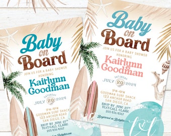 BABY on BOARD BABY Shower Invite 5" x 7" | Retro Surf Beach Baby Shower Theme | Surfboard Invitation | Digital File Only