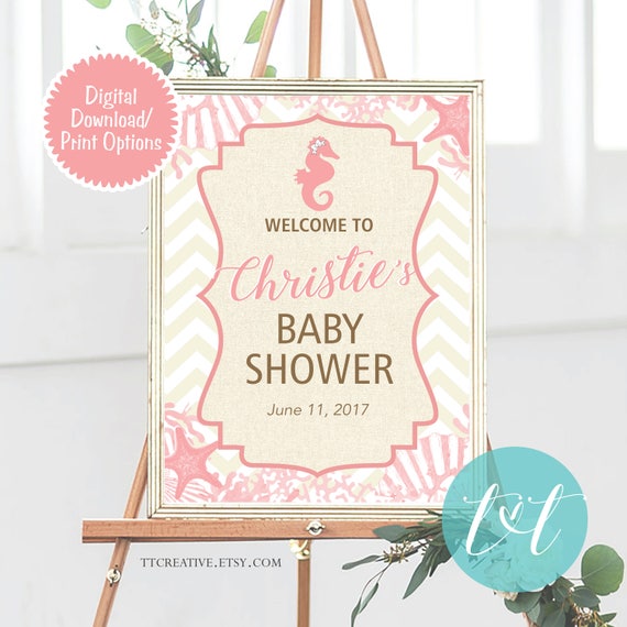 Beach Baby Shower, Pink Seahorse Girl BABY SHOWER Welcome Poster 24 x36