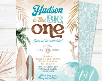 The Big ONE Surfing Birthday Invite 5" x 7" | Retro Surf Beach Birthday Party Theme | Boho Surfboard Invitation | Digital File Only