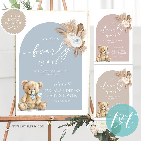 We Can BEARLY Wait BABY SHOWER Welcome Poster 24" x 36" | Boho Arch Design Teddy Bear Baby Shower Entrance Poster Sign | Custom Digital File