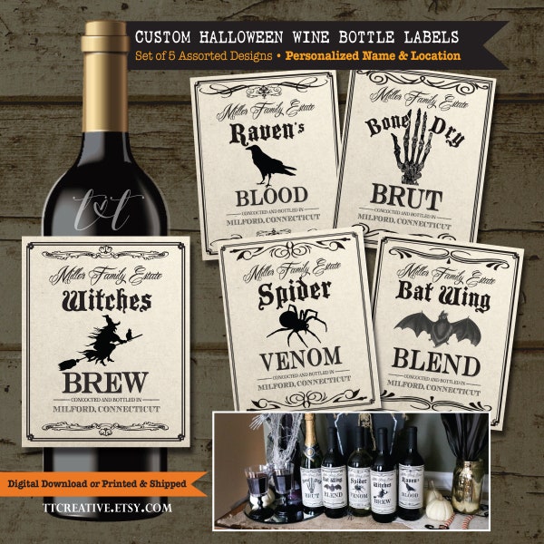 Vintage PERSONALIZED HALLOWEEN Wine Bottle LABELS, Custom Halloween Wine Labels, Halloween Party decor