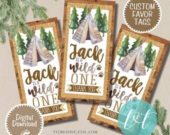 Wild One Birthday Favor Tags 3.5"x 1.75", Woodland 1st Birthday Favor Tag, Boy First Birthday