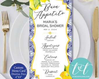 LEMON Positano THEME Shower Custom MENU Card 4" x 9" | Bridal or Baby Shower Decor | Italian Lemon Theme Wedding