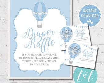 DIAPER RAFFLE Cards and table sign 8"x10" Hot Air Balloon "Oh the Places He'll Go!" Baby BOY Shower | Instant Digital Download Files