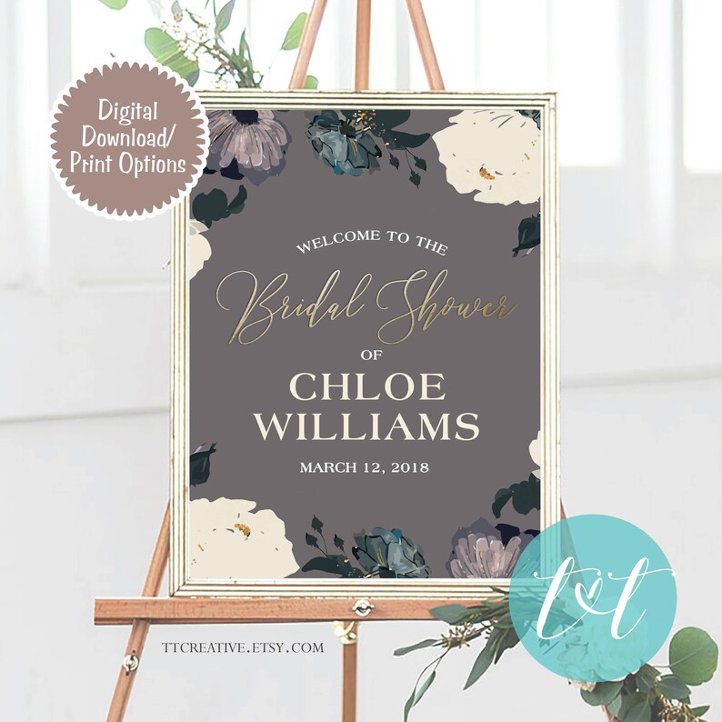 Gray Floral Bridal Shower Welcome Poster Bridal Shower Welcome Poster 24 x 36