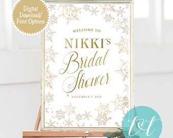 WINTER WONDERLAND Bridal SHOWER Welcome Poster 24" x 36", Gold and White Winter Snowflake Bridal Shower Entrance Sign