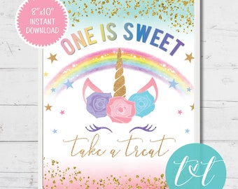 RAINBOW UNICORN Dessert Table Sign 8"x10", One is Sweet Take a Treat sign, Two is Sweet Take a Treat