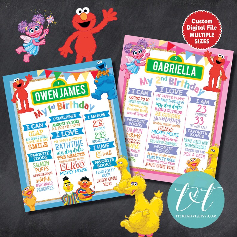 SESAME STREET 1st Year Birthday MILESTONE Poster, 1st 2nd 3rd 4th Birthday About Me Chalkboard Sign, Custom Digital FIle Elmo Birthday image 2