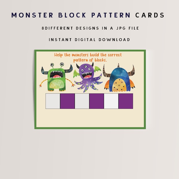 Monster Block Pattern Cards, Pattern Cards, Preschool Learning, Waldorf, Digital Download, Preschool Math Cards