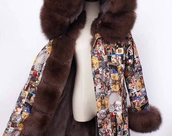 Brown colorful fox parka jacket