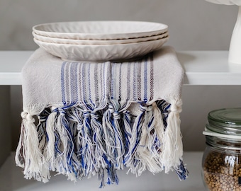 Linen Cotton Hand Towels, Bohemian Kitchen Tea Towel for Soft Striped, Handwoven Peshkir, Zero Waste Organic Blanket, Multi-Purpose Cloth