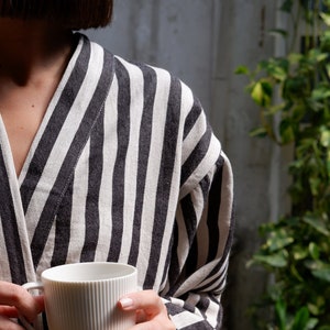 Black Striped Loungewear, Lightweight Bathrobe, Boho Linen Cotton Robe, Stripe Bridesmaid Robe, Cozy Duster Coat, Ethically Made Gift