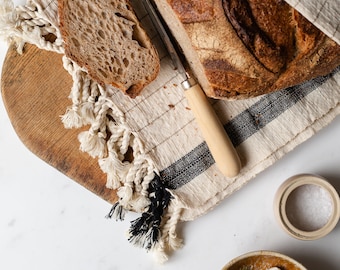 Asciugamani in cotone di lino avorio a righe nere, strofinaccio da cucina Boho, Peshkir tessuto a mano neutro, regalo di Natale per l&#39;inaugurazione della casa a rifiuti zero