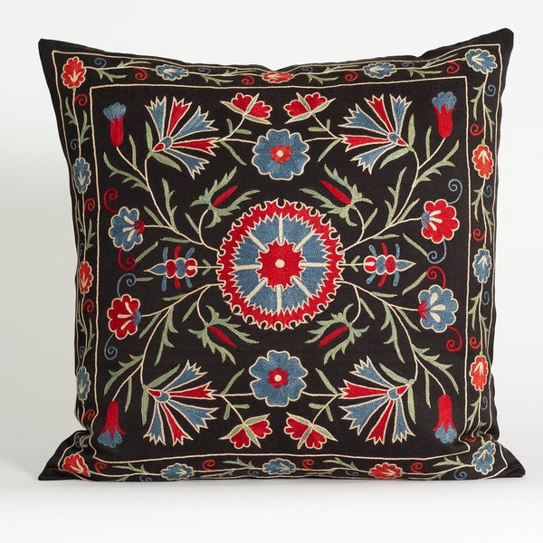 Floral Black Suzani Cushion Cover, Tulips Patterned Pillowcase, Mandala Needlework, Silk Pillow Slip, Indian Soft Cotton Pillow, Ethnic Deco