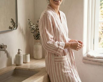 Girit Salmone Robe, Pink Stripe Turkish Bathrobe, Cotton Linen Peshtemal Robe, Lightweight Quick Dry, Unisex Spa Robe