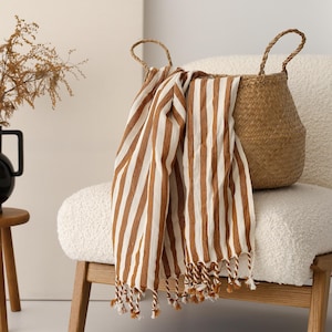 Burnt Orange Striped French Towel, Oversized Outdoor Blanket, Linen & Cotton Light Turkish Towel, Backyard Table Throw, Copper Color Towel