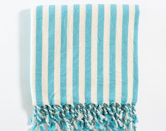 Blue Large Towel for Beach, Beach Blanket with Striped Color, Turquoise Lightweight Linen Towel, Blue Striped Table Throw.