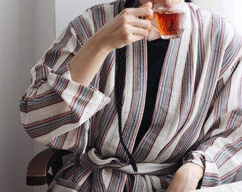 Boho Striped Loungewear, Lightweight Bathrobe, Bohemian Linen Cotton Robe, Stripe Bridesmaid Robe, Cozy Duster Coat, Ethically-made Gift