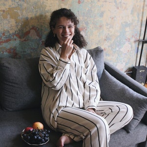 2 Piece Thin Black Striped Loungewear, Natural Matching Sleepwear for Women, Handmade Summer Pjs, Girlfriend Gifts Ideas
