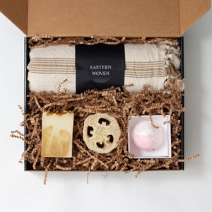 Caixa de presente para autocuidado, caixa de presente de Natal, conjunto de toalhas turcas, pacote de cuidados personalizado, presente com desperdício zero, cesta de presente de spa para ela