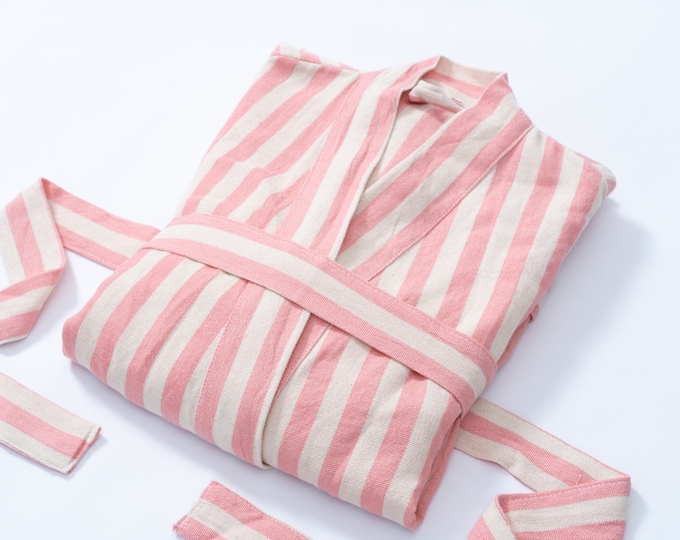 CLEARANCE - Pink Striped Bathrobe, Pink Linen Cotton Robe, Loungewear Gift for BFF, Pink Bridesmaid Robe Gift, Lightweight