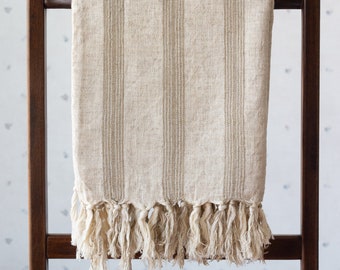 Beach Blanket Peshtemal, Lightweight Striped Picnic Throw Shawl, Beige Bronze Cotton Linen Turkish Towel, Mothers Day Gift, Wedding Present