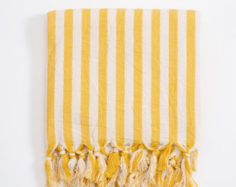 Yellow Beach Blanket, Yellow Striped Linen Towel, Soft Organic Turkish Towel, Lightweight Beach Towel, Boho Picnic Throw, Eco Friendly Gift