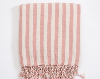 Rose Color Linen Beach Towel, Turkish Picnic Blanket, Large Blanket Throw, Linen Peshtemal Set, Rose Color Stripe Blanket, Linen Table Throw