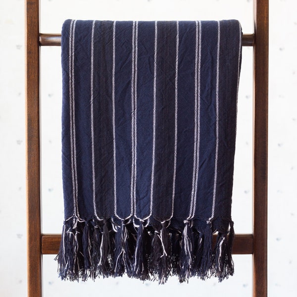 Navy Turkish Towel, Dark Blue Beach Blanket, Lightweight Picnic Throw, Stripe Peshtemal, Eco Friendly Throw, Linen Table Cloth, Wedding Gift