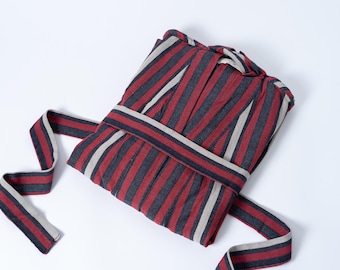 Red & Navy Striped Turkish Robe – Cotton Linen Lightweight Bathrobe, Boho Loungewear, Bridesmaid Gift, Cozy Kimono, Ethically Made