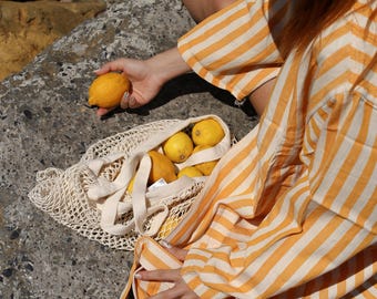 Yellow Linen Robe, Striped Long Robe, Yellow White Striped Robes, Unisex Christmas gift, High-Quality Birthday Presents, Linen Duster Coat